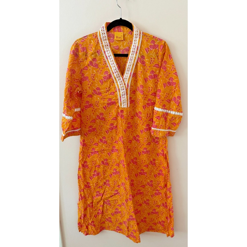 Dori Women's Kurta Large Yellow Pink Floral White Lace Boho Tunic Dress